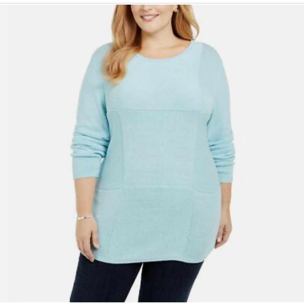 New Karen Scott Women 3X Plus Sweater Ice Aqua Crewneck Tunic Patchwork Knit